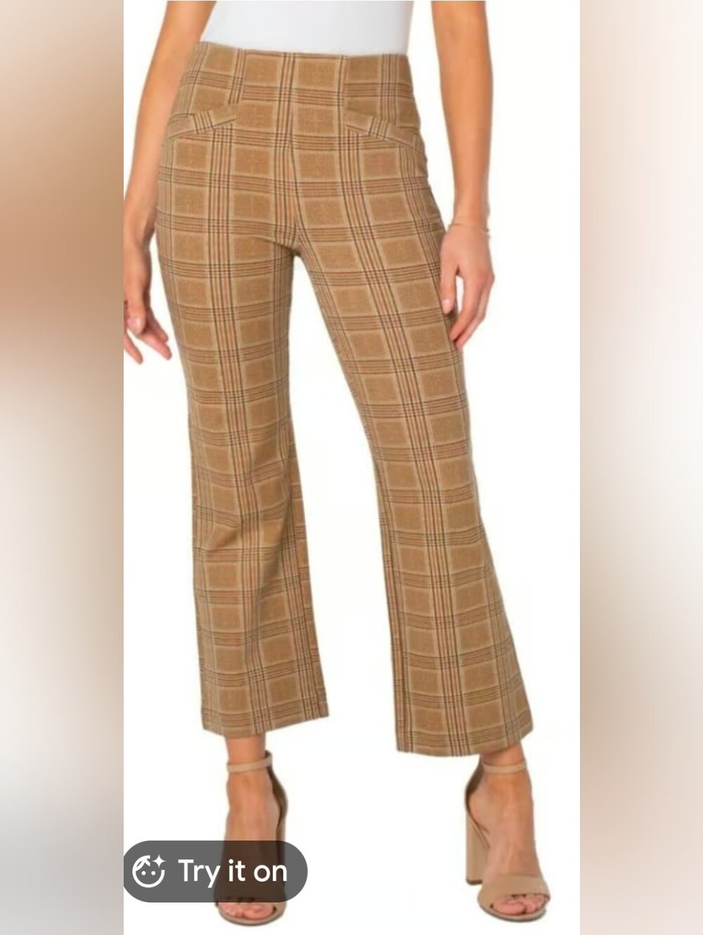 Liverpool Camel Plaid Cropped Wide-Leg Pants - Size 16/33